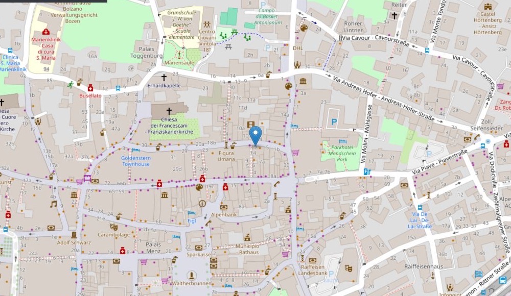 Mappa del centro di Bolzano con lo studio in Via Dr. Streiter 9